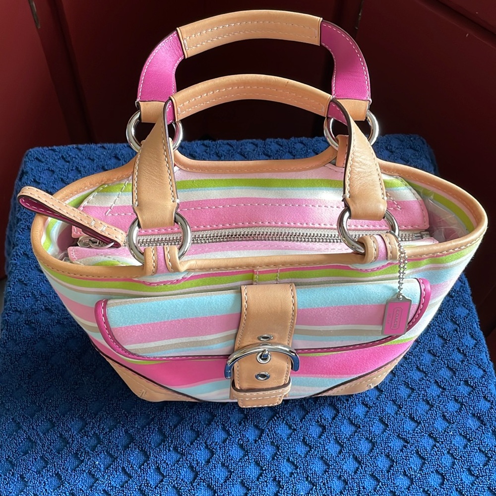 Coach Hampton Soho  Multi-Stripe Canvas Leather Vintage Shoulder/ Tote Bag